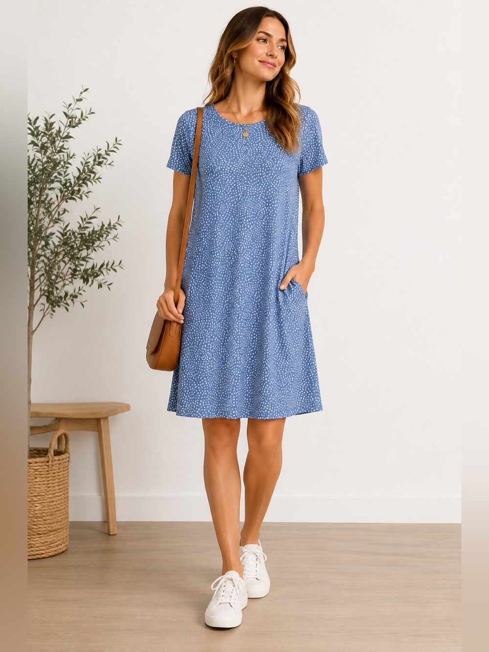 Ilya Blue Printed Stretch Knit Pocket Dress Medium Casual T-Shirt Dress